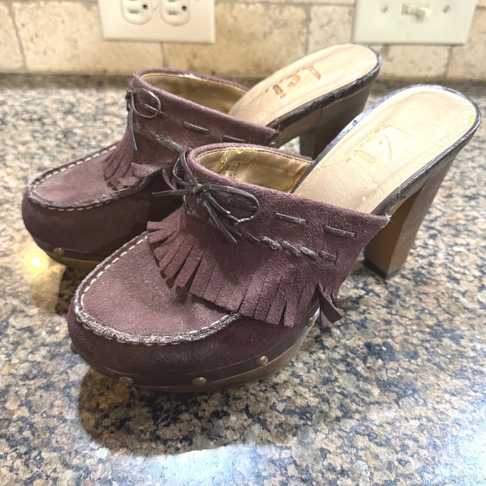 L.e.i.‎ Brown Fringe Platform Clogs Mules Anetteco Vintage Y2K Chunky Heel Shoes